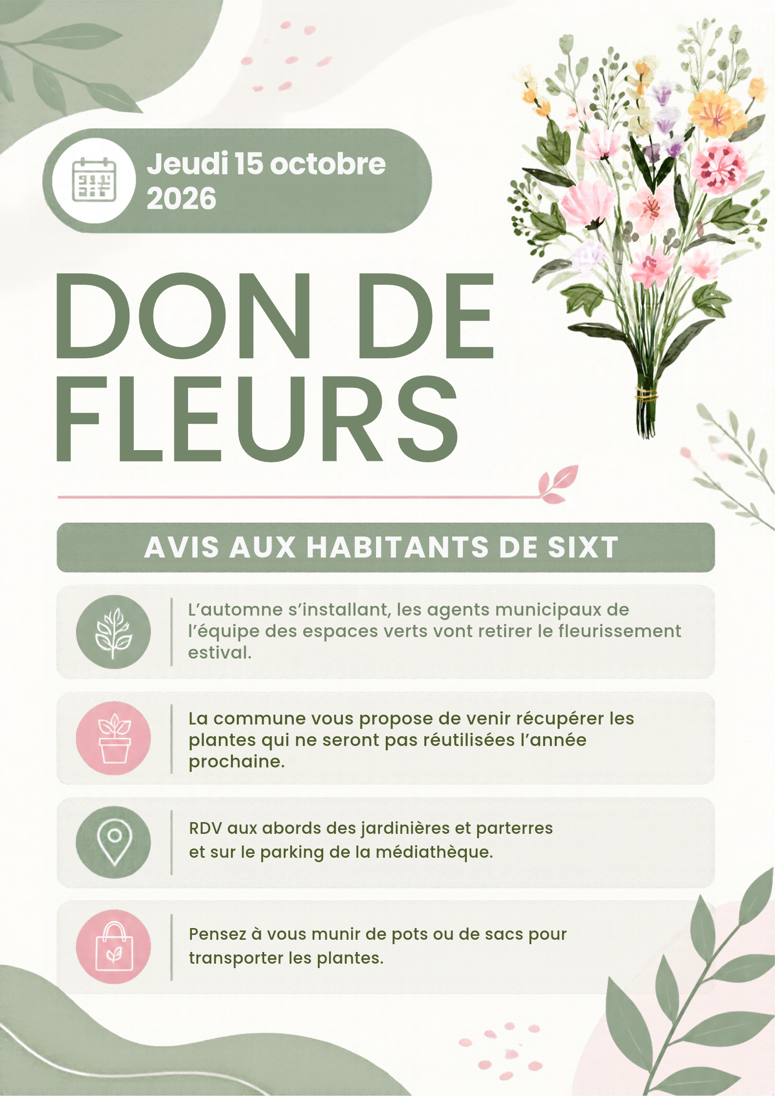 Affiche Événement marché aux fleurs Floral Vert Blanc et Rose